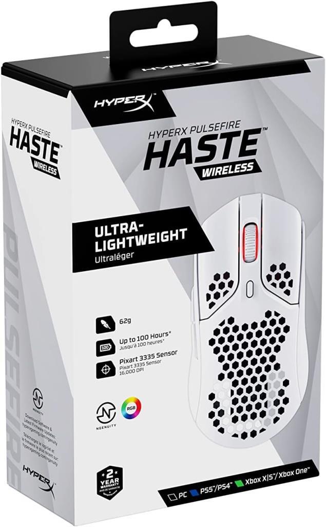 HyperX Haste أبيض، ماوس ألعاب لاسلكي/سلكي قابل لإعادة الشحن، عرض