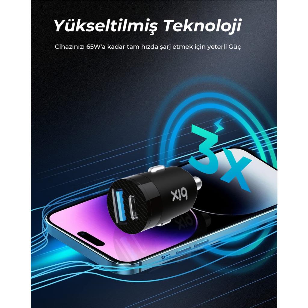 Bix BXAC65C 65 W Siyah Hızlı Araç Şarj Aleti Teşhir