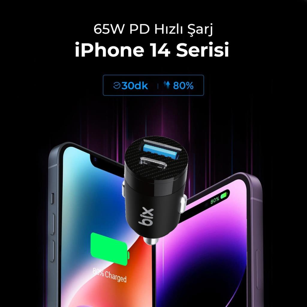 Bix BXAC65C 65 W Siyah Hızlı Araç Şarj Aleti Teşhir