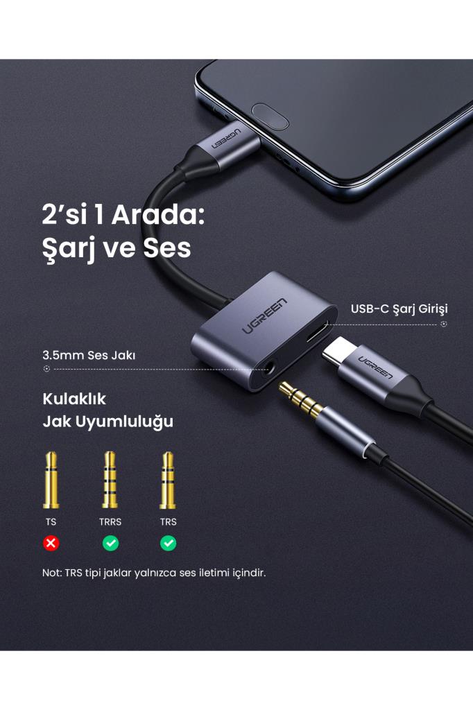Ugreen Type-C 3.5mm Kulaklık ve Şarj Dönüştürücü