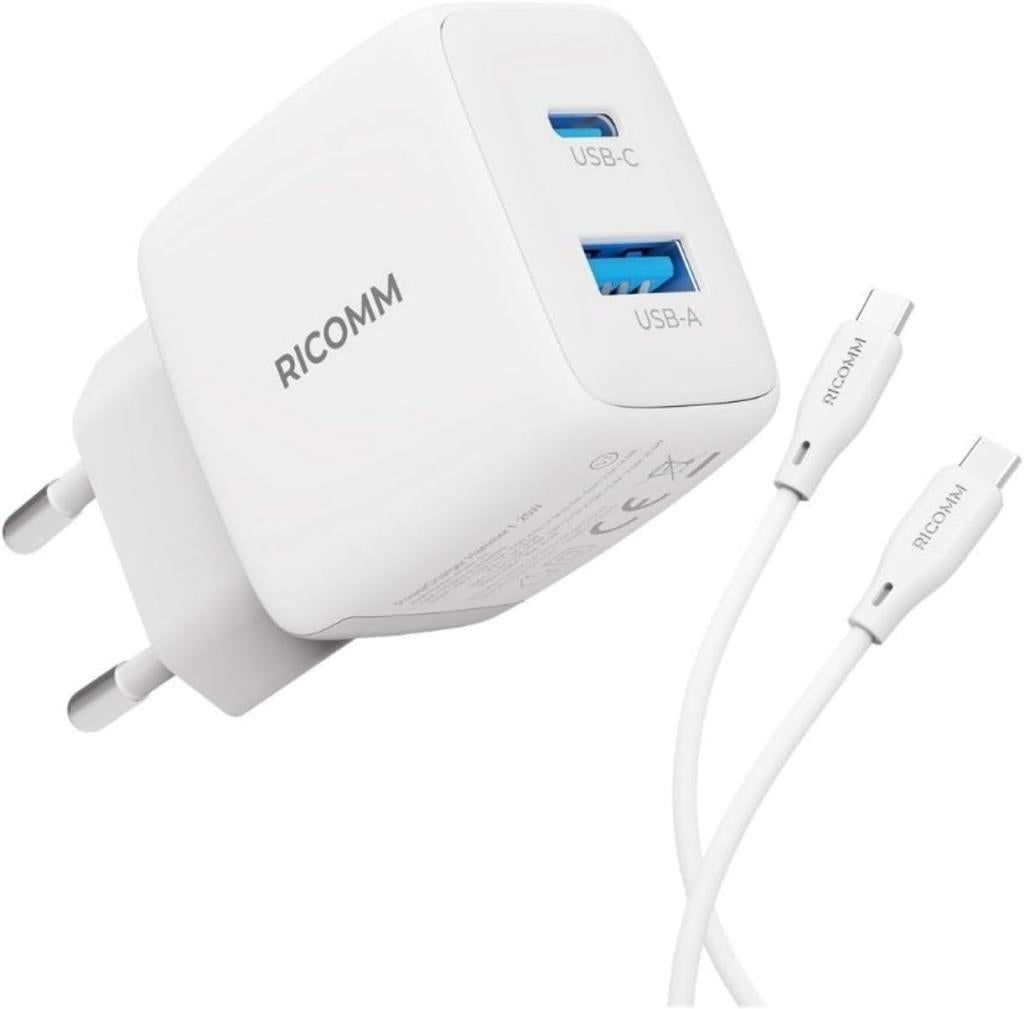 Ricomm 25W GaN USB-C + USB-A Şarj Aleti PPS PD iPhone, iPad, Samsung, Xiaomi Uyumlu Hızlı Şarj Cihazı + 2 Metre Type-C 60W Şarj Kablosu Teşhir