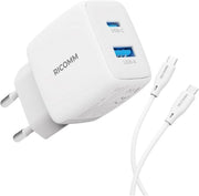 Ricomm 25W GaN USB-C + USB-A Şarj Aleti PPS PD iPhone, iPad, Samsung, Xiaomi Uyumlu Hızlı Şarj Cihazı + 2 Metre Type-C 60W Şarj Kablosu Teşhir