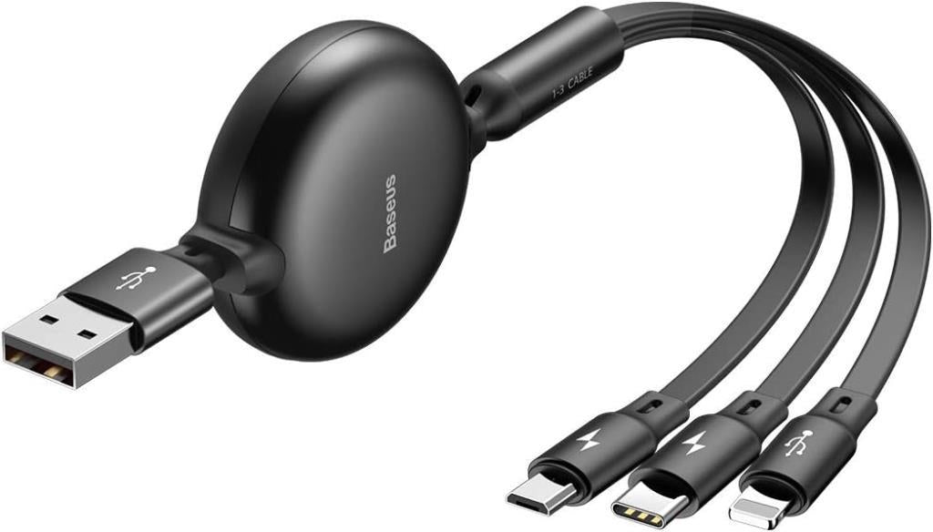 Baseus Little Octopus 3 in 1, Şarj & Data Aktarım Kablosu, Siyah, 1.2 m, 3.5 A,Micro USB & Lightning & USB Type C - Outlet