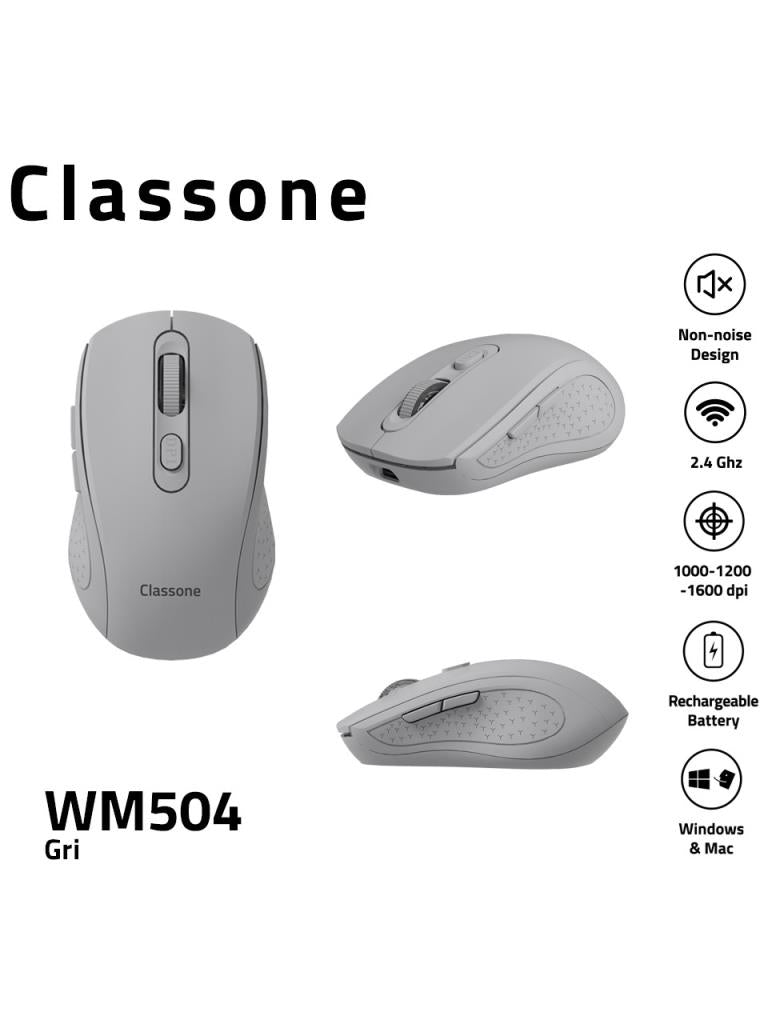 Classone WM504 2.4 Ghz Şarj Edilebilir Kablosuz Mouse -Gri - OUTLET