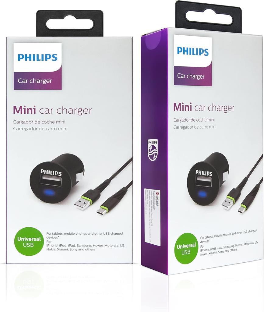 Philips Araç İçi Şarj Adaptörü 2.1A + USB - USB C Şarj Kablosu, 1.2 Metre (DLP2520C) Teşhir