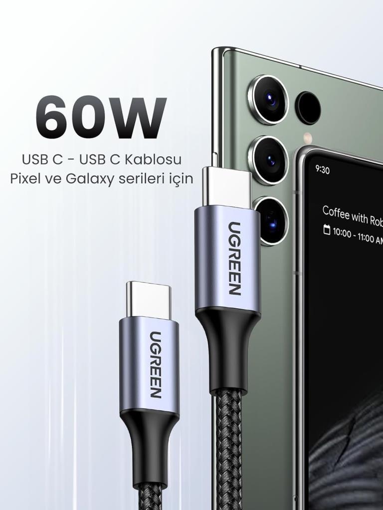 UGREEN USB C auf USB C Kablo 60W PD 2.0, PPS USB-C Ladekabel iPhone 15 Pro Max ile uyumlu Galaxy S23 S22 S21 A54 A34 A14 MacBook Air M2 iPad Pro 12.9 iPad Air 5/Mini 6, Pixel 7 Pro usw. (1M) -Teşhir