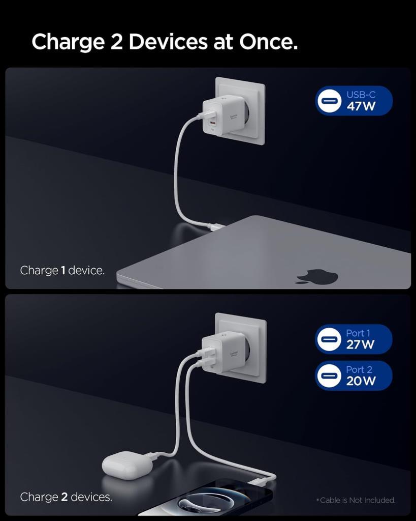 Spigen 47W USB-C 2 Port Mini Hızlı Şarj Aleti Samsung PPS 2.0 GaN Pro Akım Koruma Type-C ACH08707 - Outlet