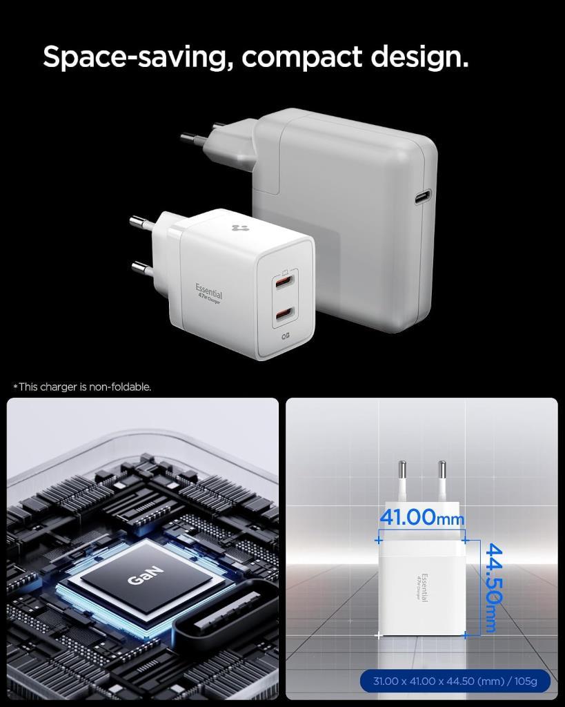 Spigen 47W USB-C 2 Port Mini Hızlı Şarj Aleti Samsung PPS 2.0 GaN Pro Akım Koruma Type-C ACH08707 - Outlet