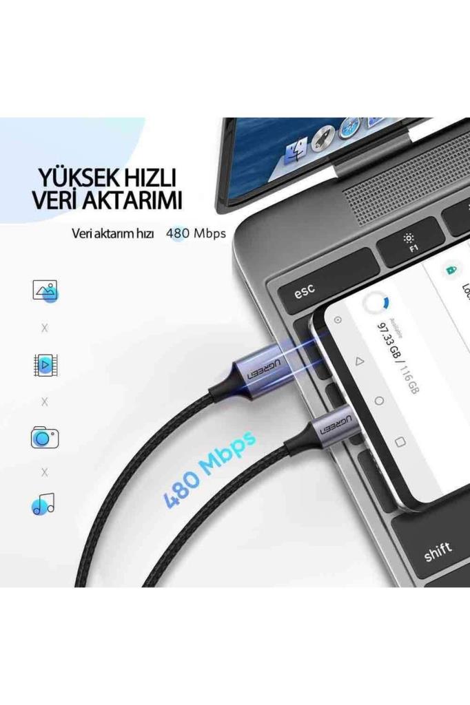 UGREEN 2.0 A USB-A & USB-C Örgülü Şarj ve Data Kablosu, 25 Santimetre, Siyah, 60124 Outlet