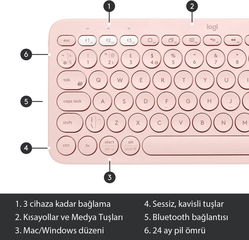Logitech K380 Pembe Kablosuz Klavye Outlet
