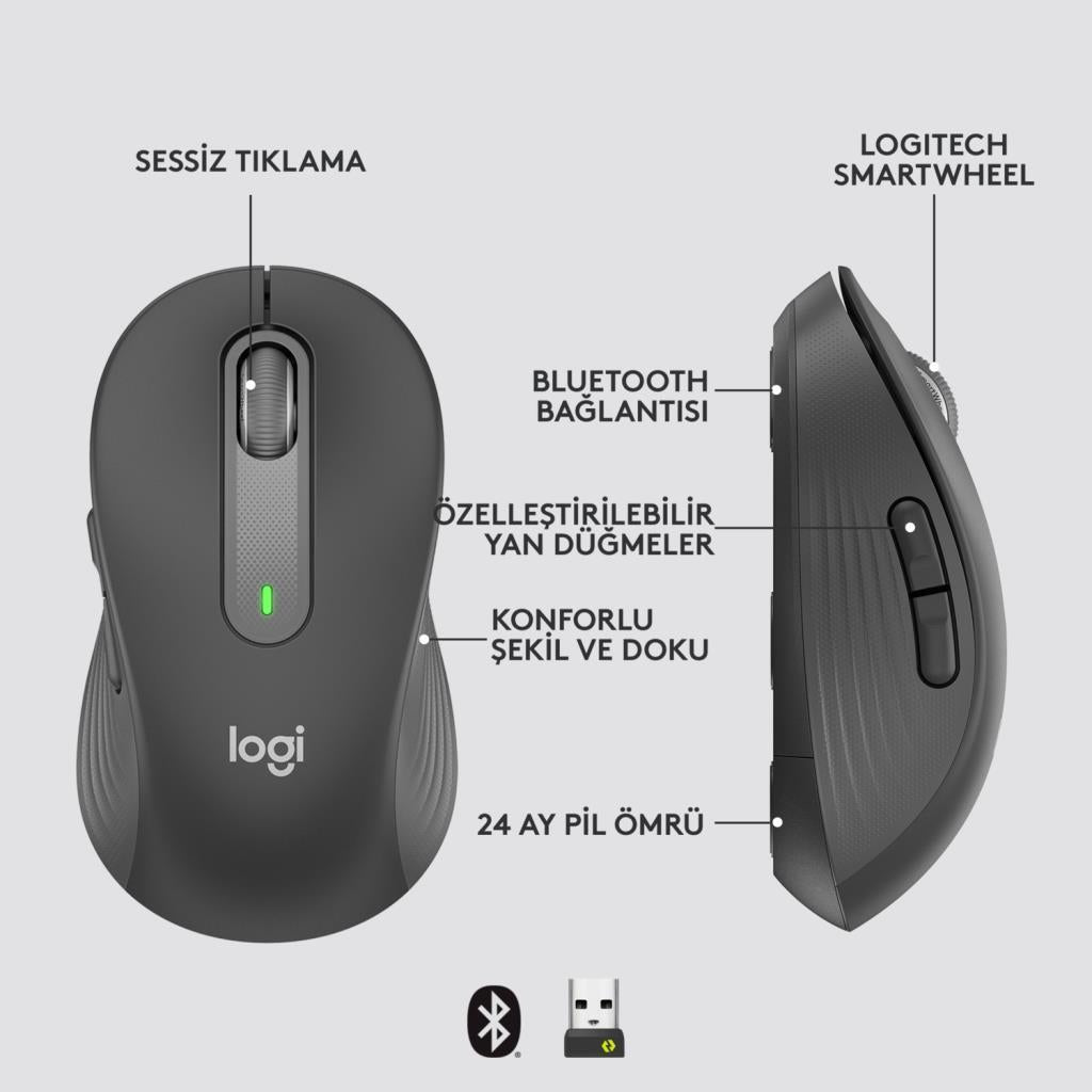 Logitech M650 Signature 910-006236 Siyah Sessiz Büyük Boy Sağ El Optik Kablosuz Mouse - Outlet