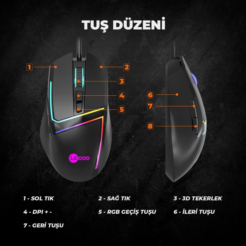 Lenovo Lecoo MS106 RGB Ergonomik Optik Kablolu Oyuncu Mouse Outlet