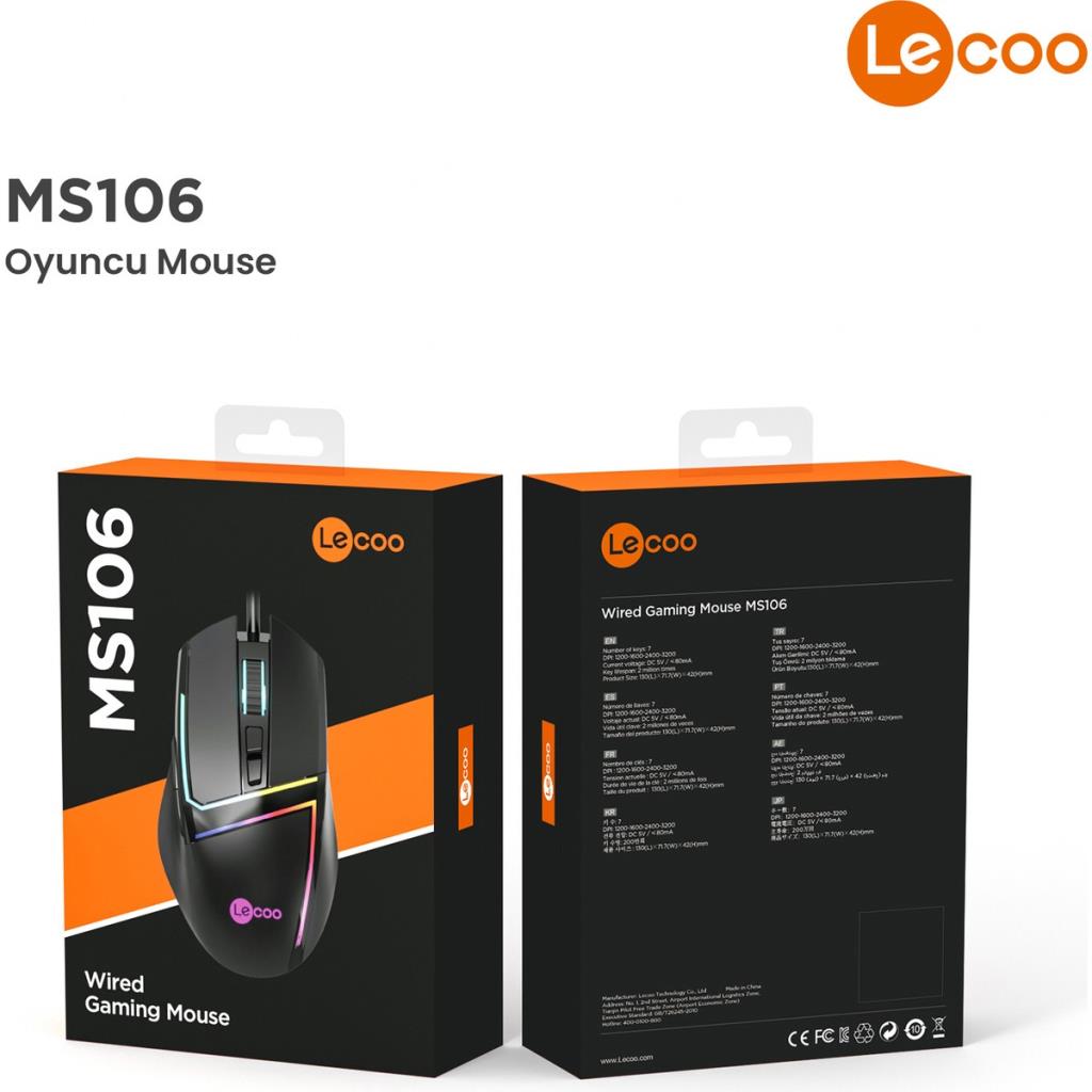 Lenovo Lecoo MS106 RGB Ergonomik Optik Kablolu Oyuncu Mouse Outlet