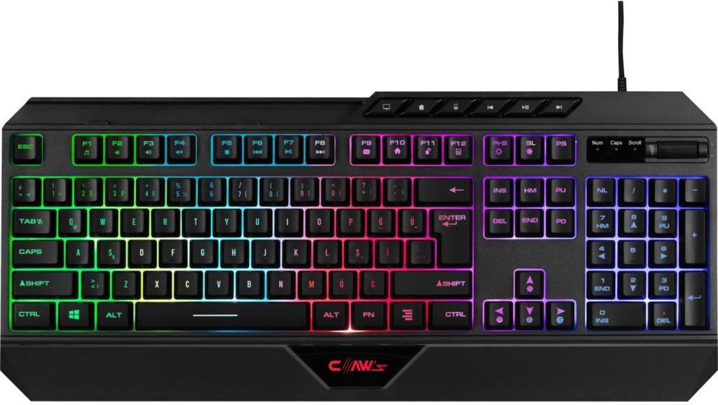 Claw's Nexus K1 RGB Full Membran 104 Tuşlu Ekstra Multimedya/Rollover Ses Kontrol Mekanizmalı & Claw's Reflex Örgü Kablolu Gaming Klavye (11 Farklı RGB Efektli) Teşhir