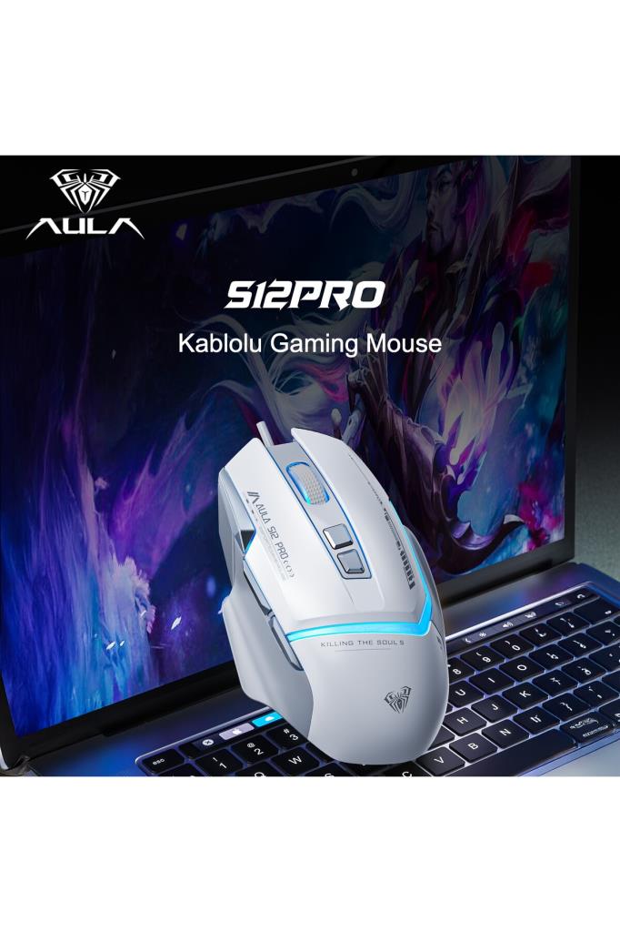 Aula S12 Pro Beyaz Makrolu Ergonomik Optik Kablolu Oyuncu Mouse - OUTLET