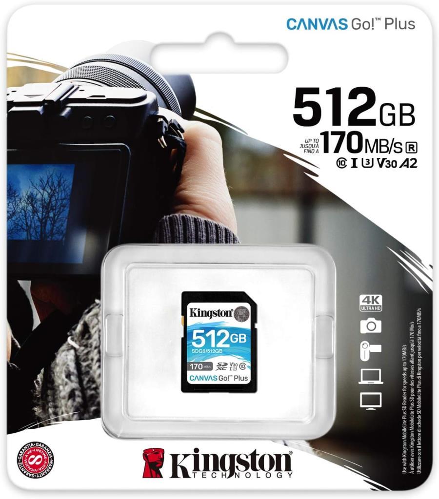 Kingston 512 GB Canvas Go Plus SDXC C10 UHS-I U3 V30 170 MB/s SDG3/512GB Hafıza Kartı Outlet
