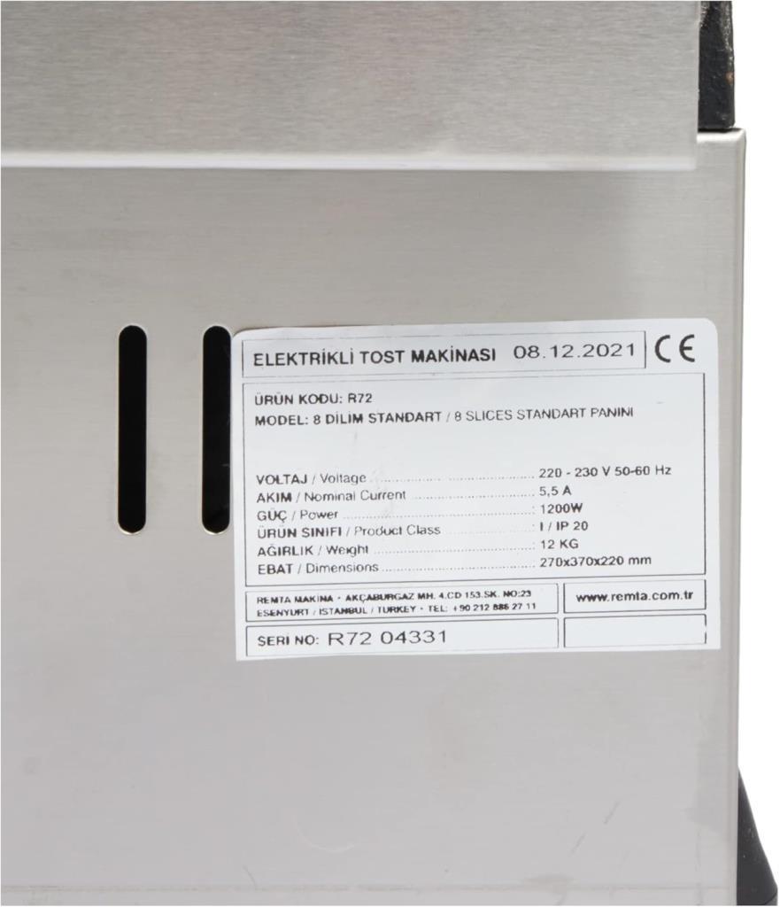 Remta R72 8 Dilim 1200 W Sanayi Tipi Tost Makinesi - Teşhir