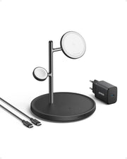 Anker,MagGo 3'ü 1 Arada Şarj İstasyonu, Qi2 Sertifikalı 15W MagSafe Uyumlu Kablosuz Şarj Standı, Apple Watch, iPhone 15/14 için, AirPods, Apple Watch 9 (25W USB-C Şarj Cihazı Dahil), Siyah Outlet