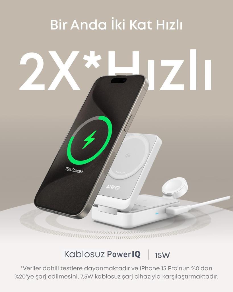 Anker B2557 MagGo Beyaz 3in1 Kablosuz Hızlı Şarj Aleti