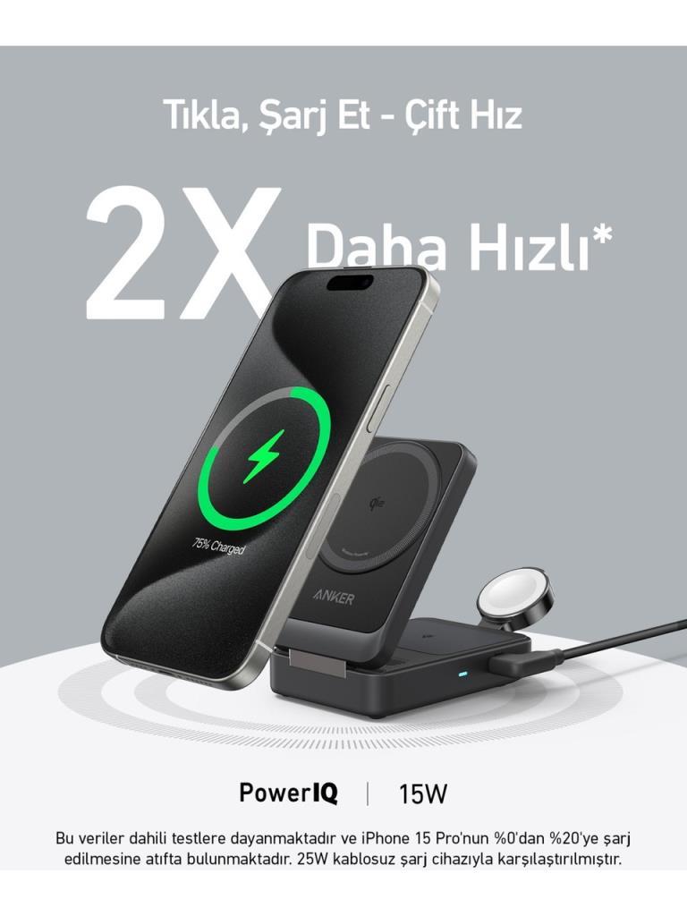 Anker B2557 MagGo Siyah 3in1 Kablosuz Hızlı Şarj Aleti
