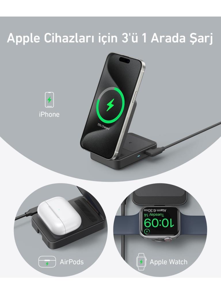 Anker B2557 MagGo Siyah 3in1 Kablosuz Hızlı Şarj Aleti