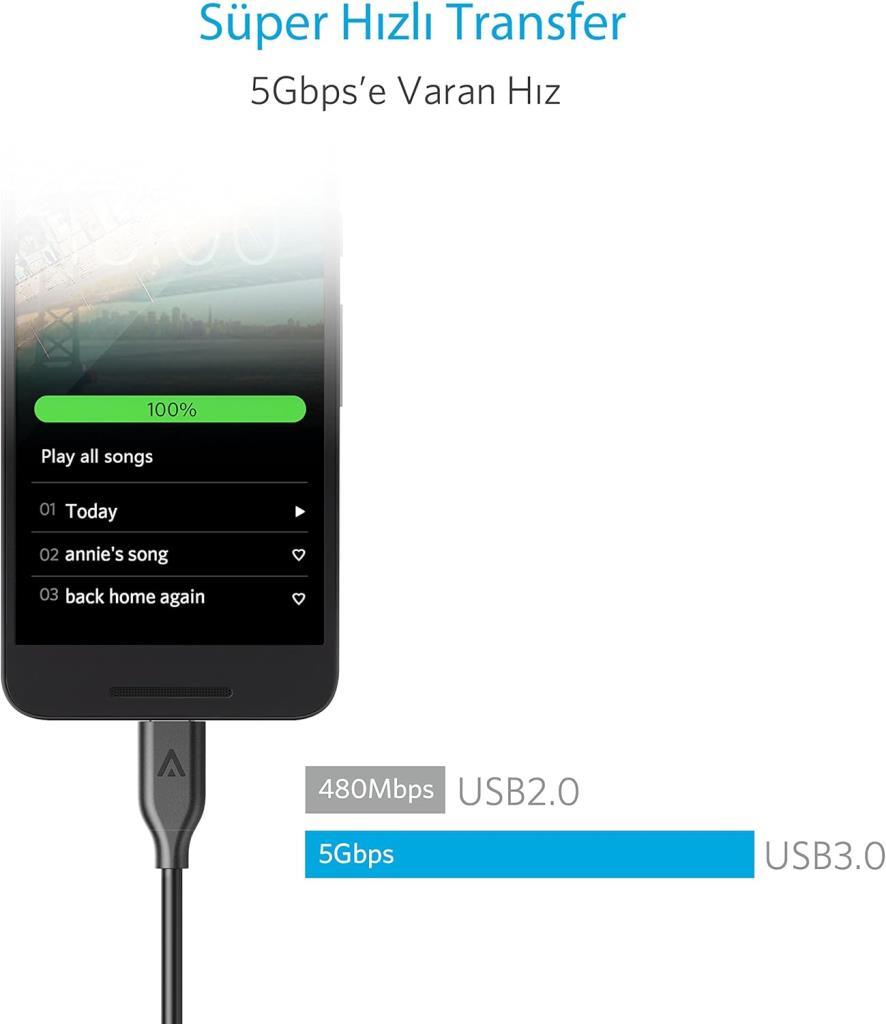 Anker Powerline 3 Feet USB Type-C - USB 3.0 Kablosu Siyah - A8163H11
