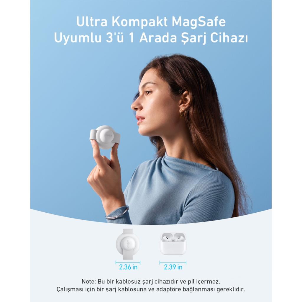 Anker Ufo MagGo B25M8 Beyaz 3in1 MagSafe Kablosuz Şarj Aleti - OUTLET