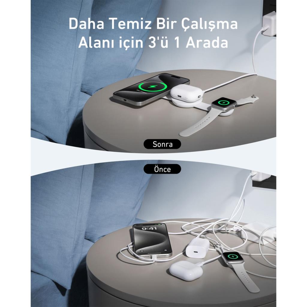Anker Ufo MagGo B25M8 Beyaz 3in1 MagSafe Kablosuz Şarj Aleti - OUTLET