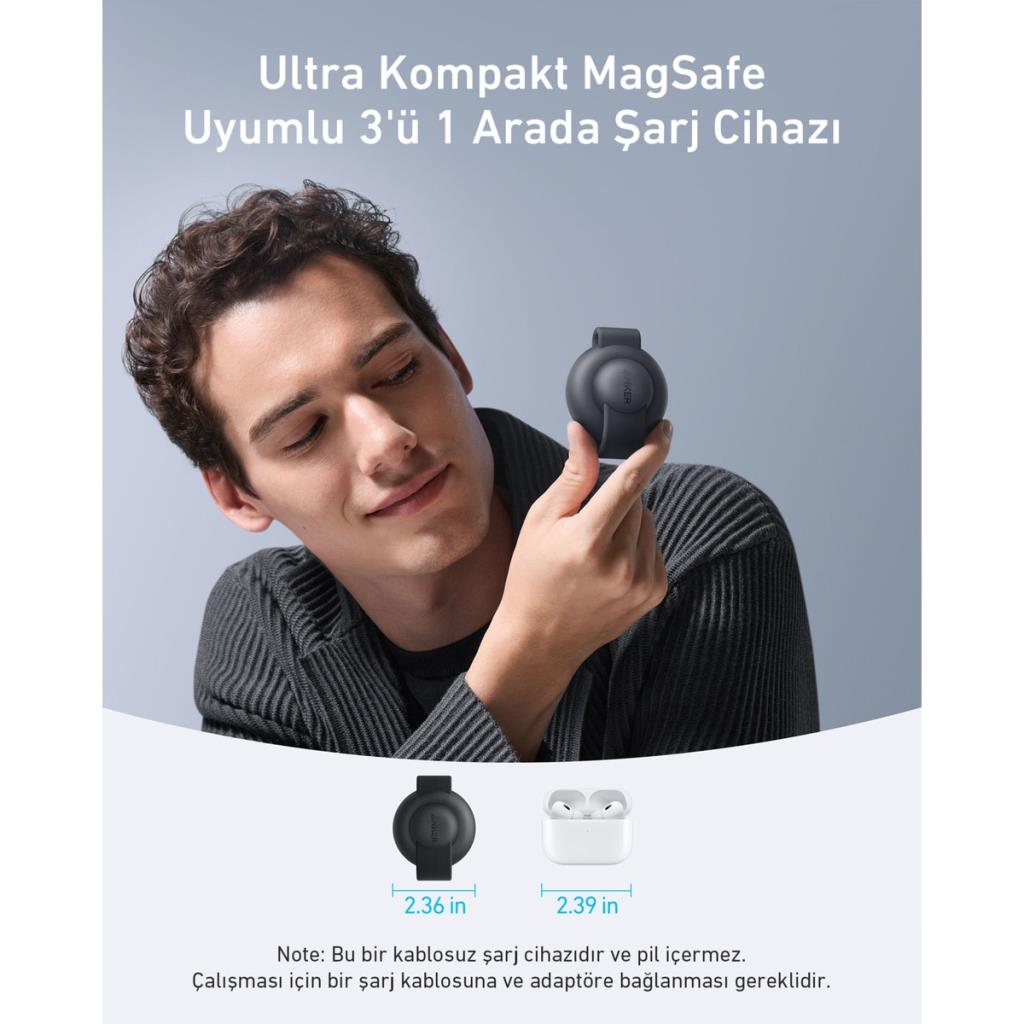 Anker Ufo MagGo B25M8 Siyah 3in1 MagSafe Kablosuz Şarj Aleti - OUTLET