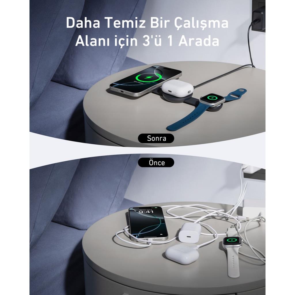 Anker Ufo MagGo B25M8 Siyah 3in1 MagSafe Kablosuz Şarj Aleti - OUTLET