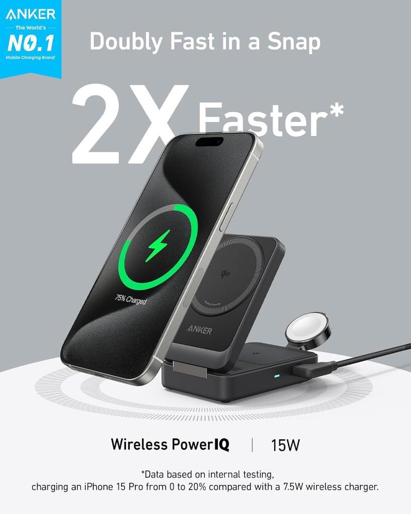 Anker Ufo MagGo B25M8 Siyah 3in1 MagSafe Kablosuz Şarj Aleti - TEŞHİR
