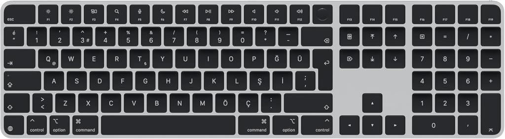 Apple Touch ID özellikli ve Sayısal Tuş Takımlı Magic Keyboard: Bluetooth, şarj edilebilir. Apple çipe sahip Mac bilgisayarlarla çalışır; Türkçe Q Klavye, Siyah tuşlar (USB-C) Teşhir