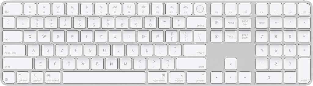 Apple Touch ID özellikli ve Sayısal Tuş Takımlı Magic Keyboard: Bluetooth, şarj edilebilir. Apple çipe sahip Mac bilgisayarlarla çalışır; Amerikan İngilizcesi, Beyaz tuşlar (USB-C) Outlet
