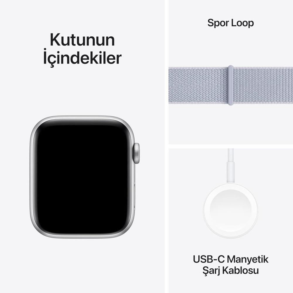 Apple Watch SE 2 2023 GPS 44mm Gümüş Rengi Alüminyum Kasa ve Bulut Mavisi Spor Loop Kordon Akıllı Saat - Teşhir