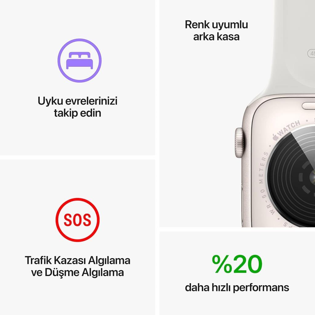 Apple Watch SE 2 GPS 44mm Yıldız Işığı Alüminyum Kasa ve Spor Kordon Akıllı Saat