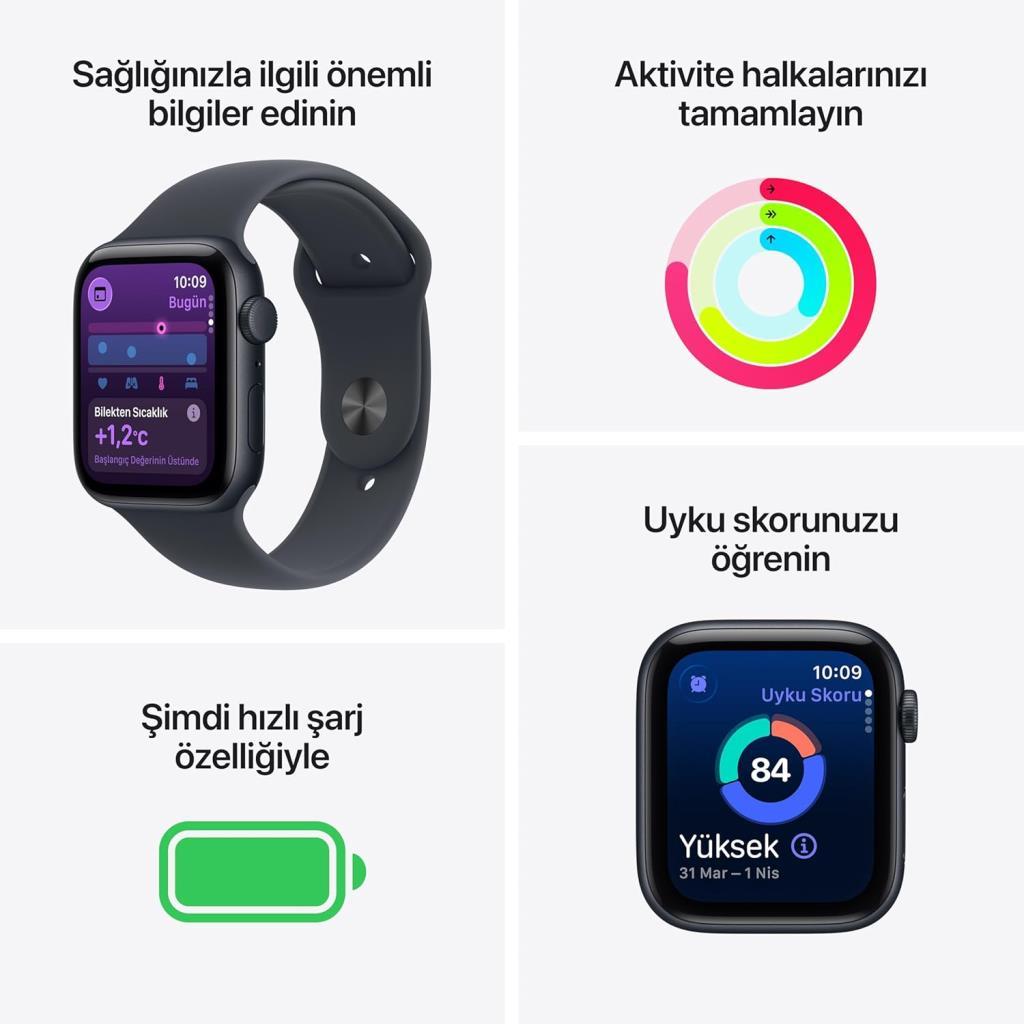 Apple Watch SE 3 GPS 44mm Gece Yarısı Alüminyum Kasa ve Gece Yarısı Spor Kordon Akıllı Saat (Apple Türkiye Garantili)