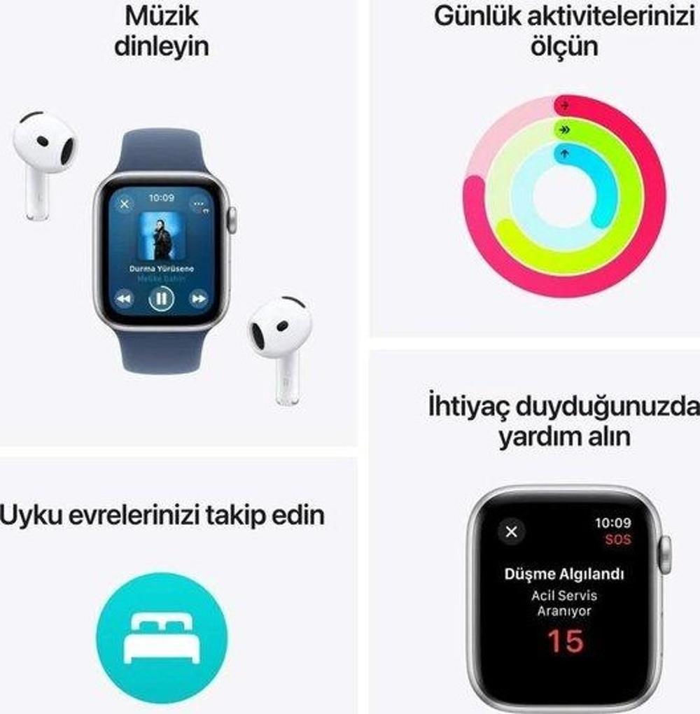 Apple Watch SE 2 2023 GPS 44mm Gümüş Rengi Alüminyum Kasa ve Kot Rengi Spor Kordon Akıllı Saat - Teşhir