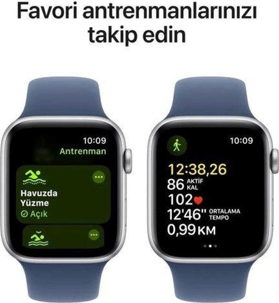 Apple Watch SE 2 2023 GPS 44mm Gümüş Rengi Alüminyum Kasa ve Kot Rengi Spor Kordon Akıllı Saat - Teşhir