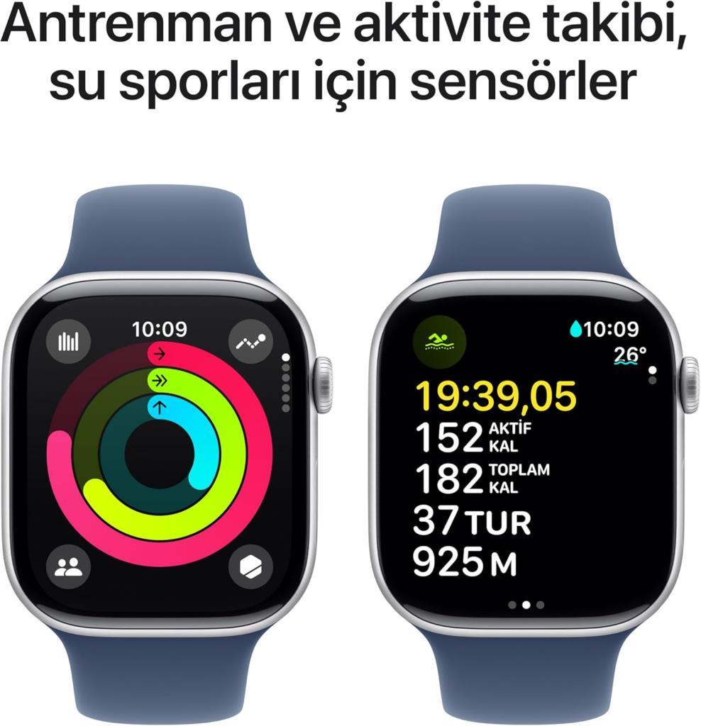 Apple Watch Series 10 GPS 46mm Gümüş Rengi Alüminyum Kasa ve Kot Rengi Spor Kordon Akıllı Saat - Teşhir