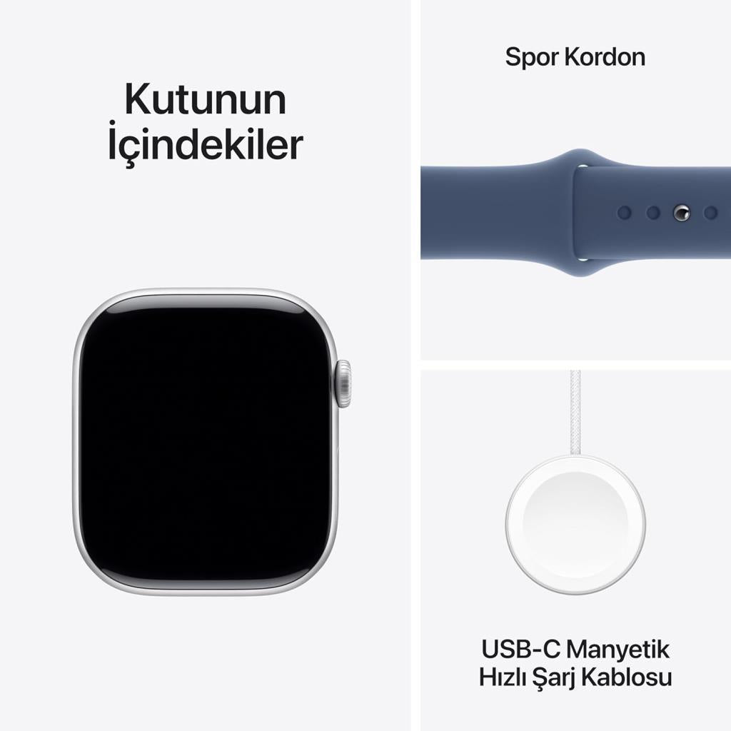 Apple Watch Series 10 GPS 46mm Gümüş Rengi Alüminyum Kasa ve Kot Rengi Spor Kordon Akıllı Saat - Teşhir