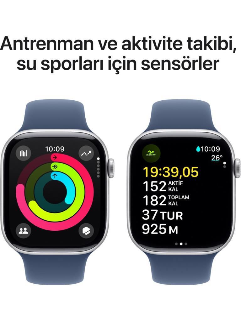 Apple Watch Series 10 GPS 46mm Gümüş Rengi Alüminyum Kasa ve Kot Rengi Spor Kordon Akıllı Saat - Teşhir