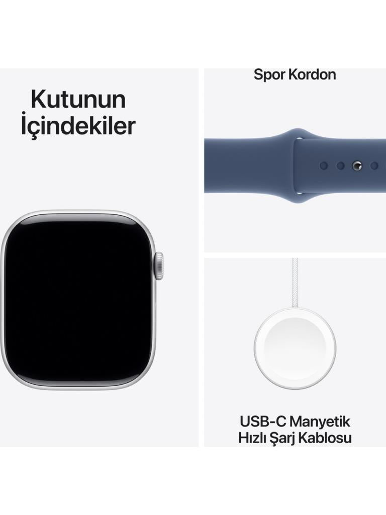 Apple Watch Series 10 GPS 46mm Gümüş Rengi Alüminyum Kasa ve Kot Rengi Spor Kordon Akıllı Saat - Teşhir