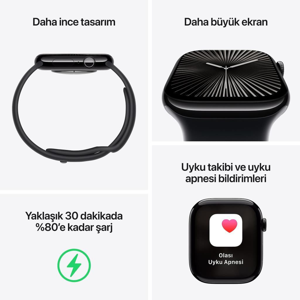 Apple Watch Series 10 GPS 46mm Simsiyah Alüminyum Kasa ve Siyah Spor Kordon Akıllı Saat Teşhir (Açıklamayı Okuyunuz)