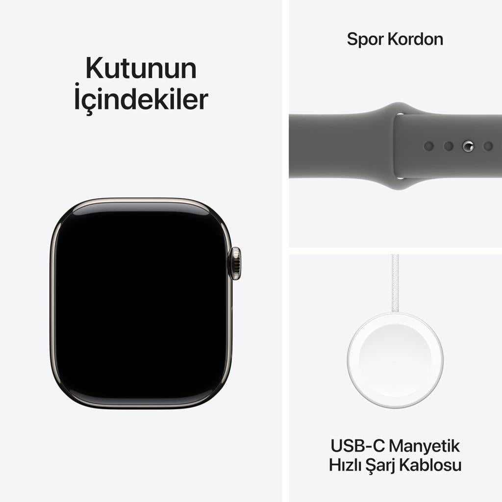Apple Watch Series 10 GPS + Cellular 46mm Natürel Titanyum Kasa ve Taş Grisi Spor Kordon Akıllı Saat (Apple Türkiye Garantili)