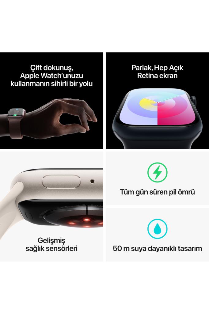 Apple Watch Series 9 GPS 41mm Yıldız Işığı Alüminyum Kasa ve Yıldız Işığı Spor Kordon - S/M