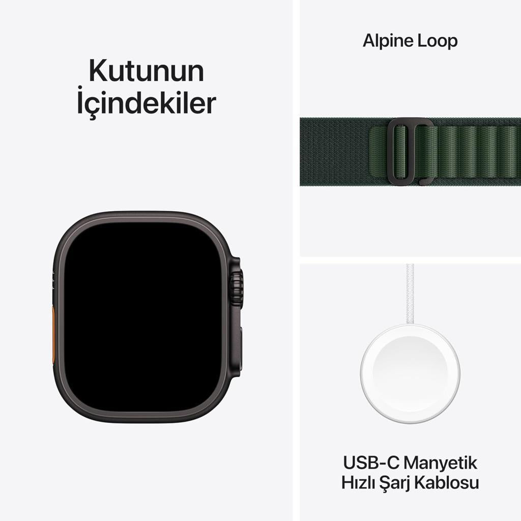 Apple Watch Ultra 2 GPS + Cellular 49mm Siyah Titanyum Kasa ve Koyu Yeşil-Alpine Loop Kordon Akıllı Saat (Apple Türkiye Garantili)