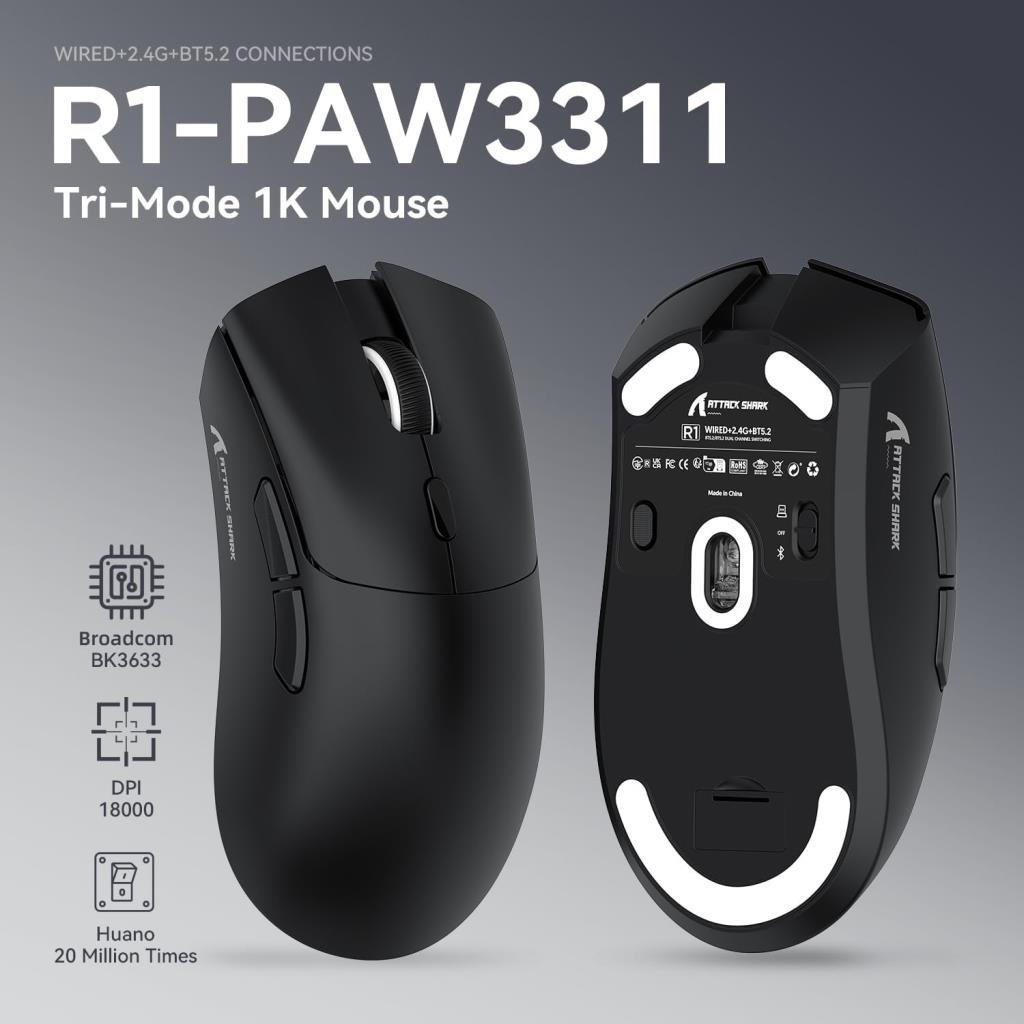 Attack Shark R1 Superlight Siyah Optik Kablolu/Kablosuz Oyuncu Mouse