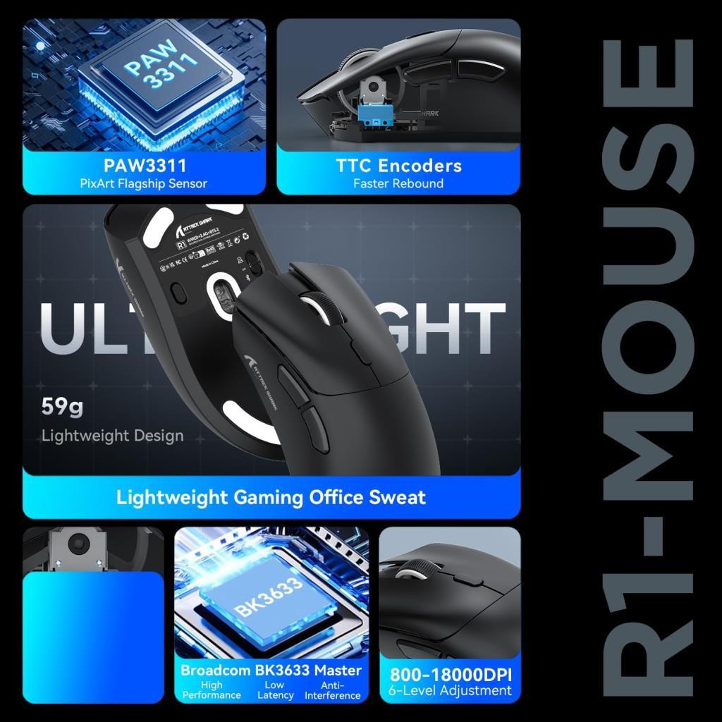 Attack Shark R1 Superlight Siyah Optik Kablolu/Kablosuz Oyuncu Mouse