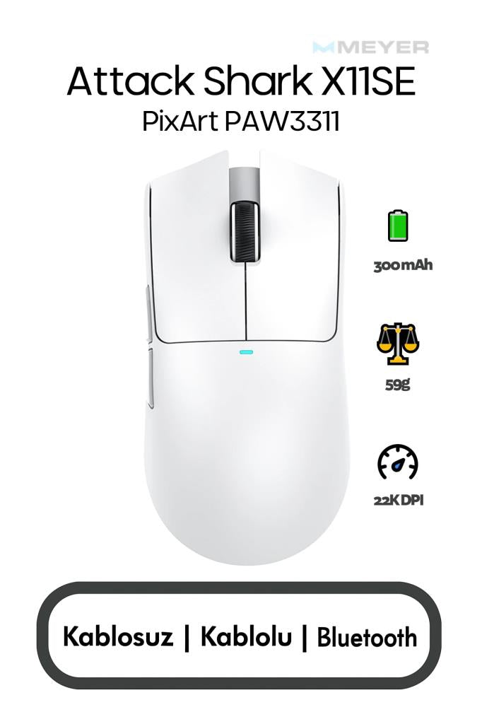 Attack Shark X11 Beyaz Şarjlı Makrolu Ergonomik Optik Kablolu/Kablosuz Oyuncu Mouse Outlet
