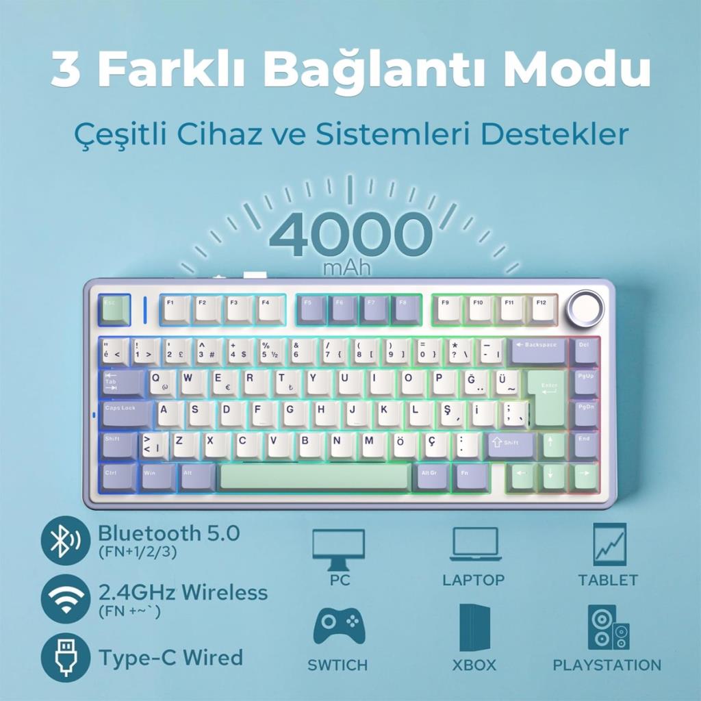 Aula F75 Bej RGB %75 TKL GrayWood V4 Switch Kablolu/Kablosuz Mekanik Oyuncu Klavyesi